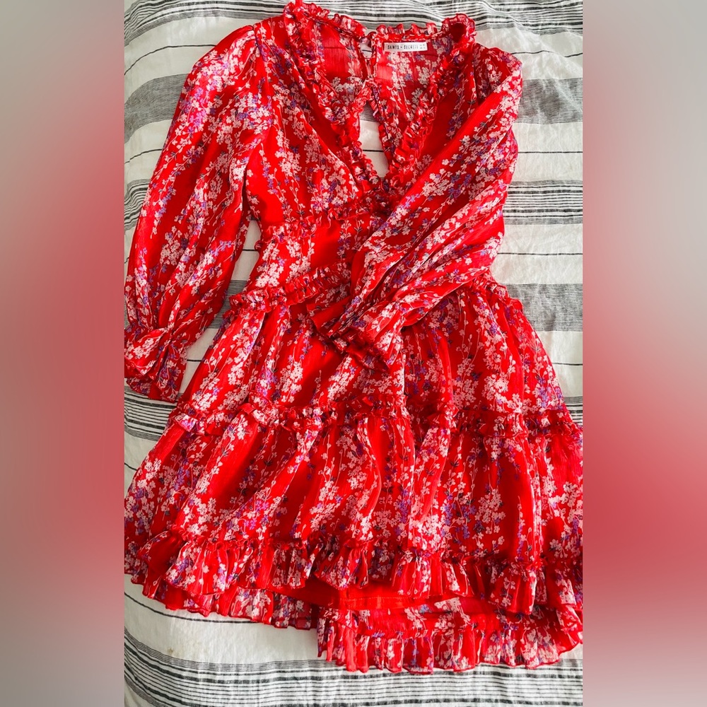 Saints + Secrets Red Floral Ruffle Dress